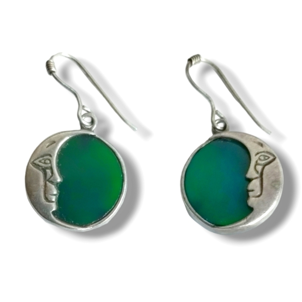 Vintage Sterling Silver Green Stone Moon Face Dangle Earrings - Picture 4 of 7